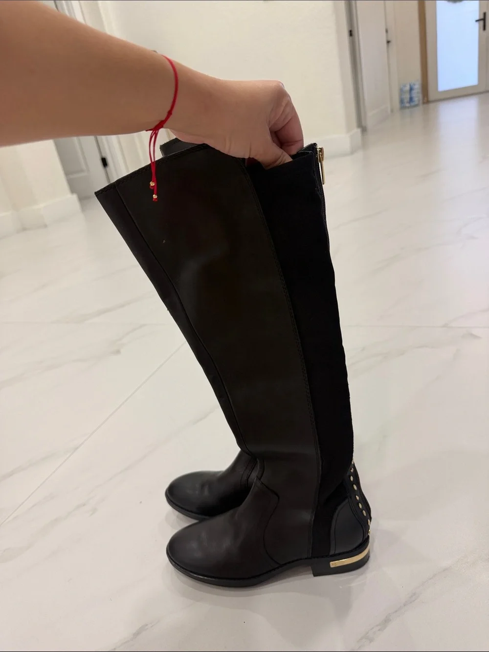 NWOT Vince Camuto Black Over-the-Knee Leather Boots with Gold Stud Hardware